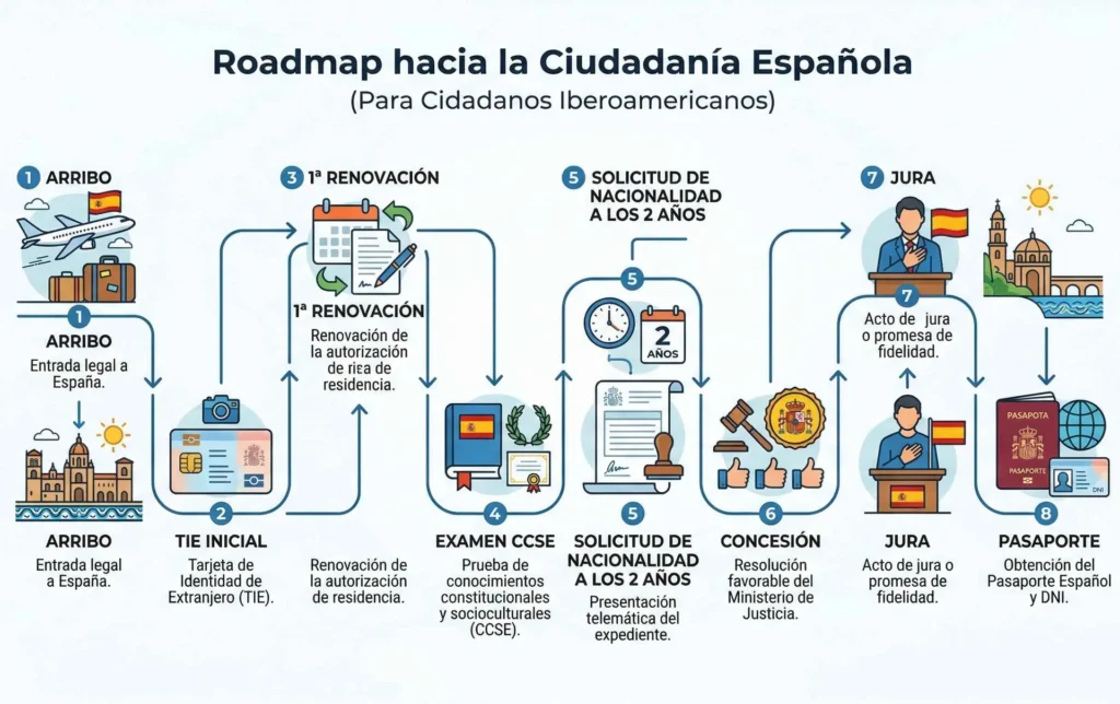 Infografía del proceso legal para obtener la nacionalidad española para ciudadanos iberoamericanos en 2 años.
