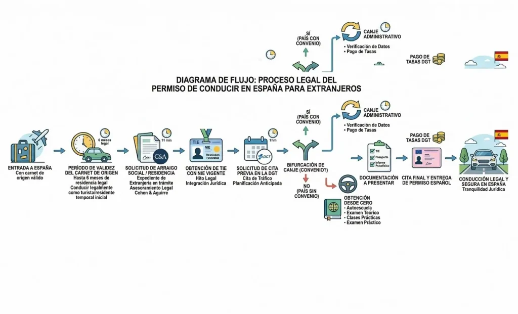 Diagrama del proceso legal para canjear u obtener el permiso de conducir en España para extranjeros.