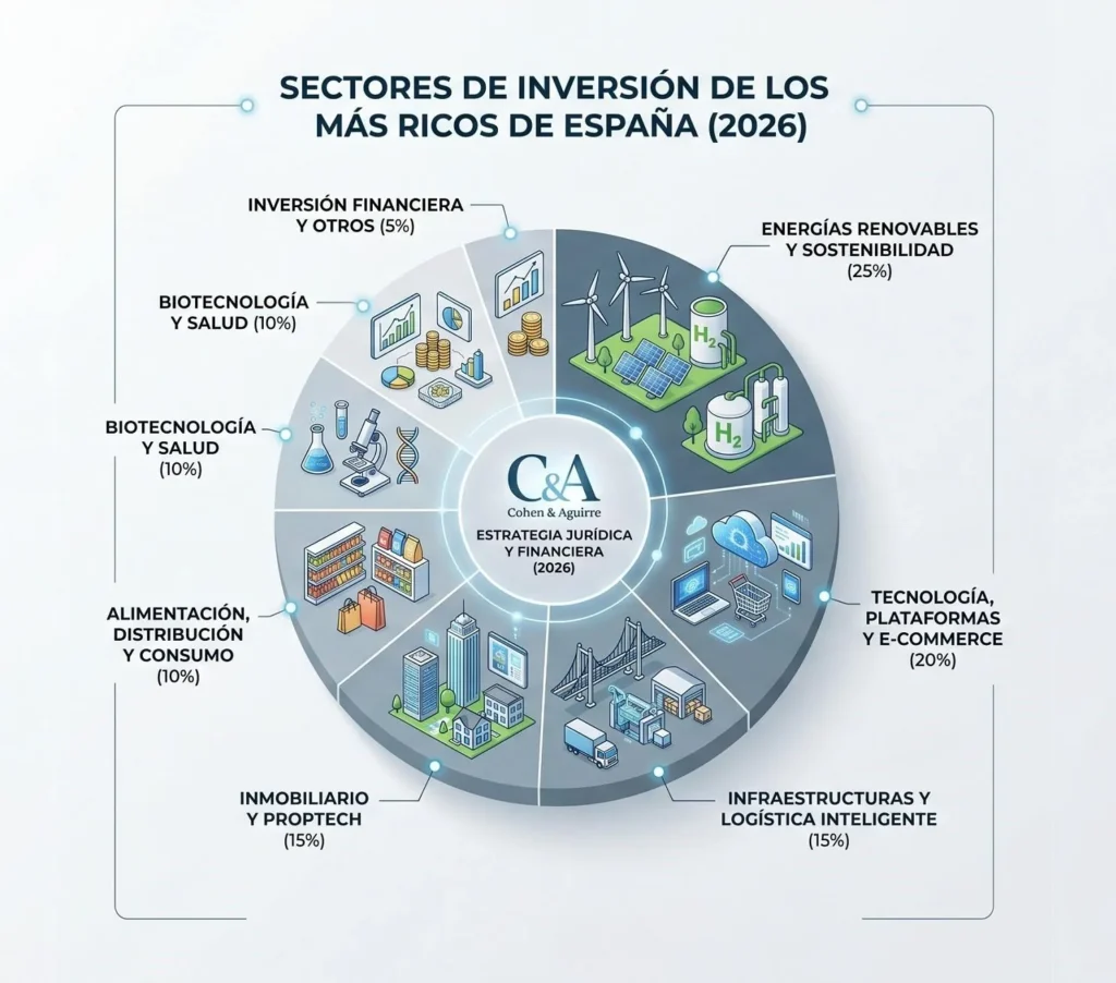 Gráfico de sectores de inversión de los más ricos de España 2026.