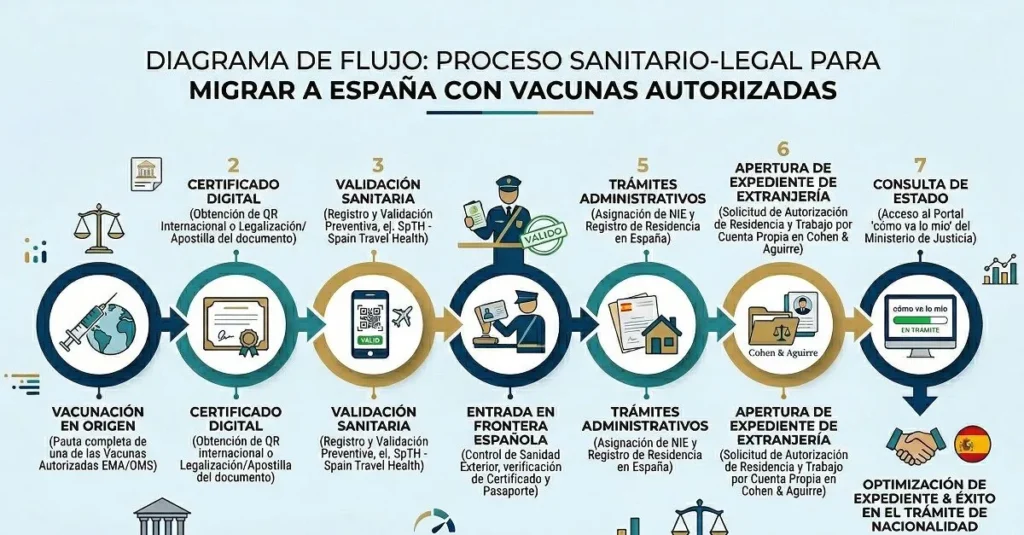 Diagrama de flujo del proceso legal y sanitario para migrar a España con vacunas autorizadas.