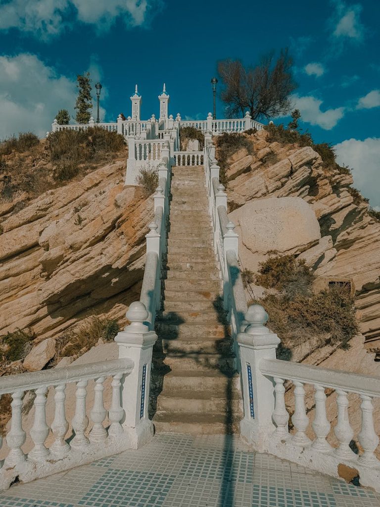 Stairs with White Balustrades Leading to the Balcon del Mediterraneo Scenic Overlook in Alicante