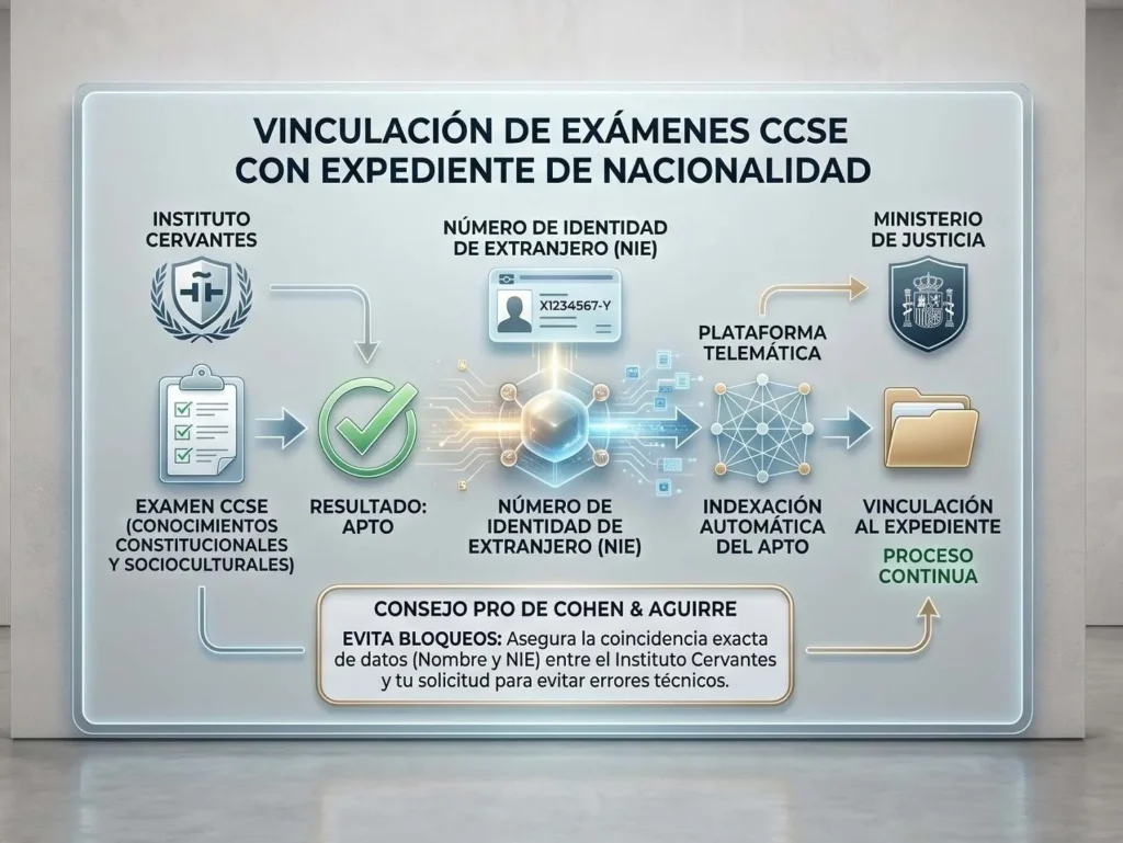 Diagrama de vinculación de exámenes CCSE con expediente de nacionalidad española.