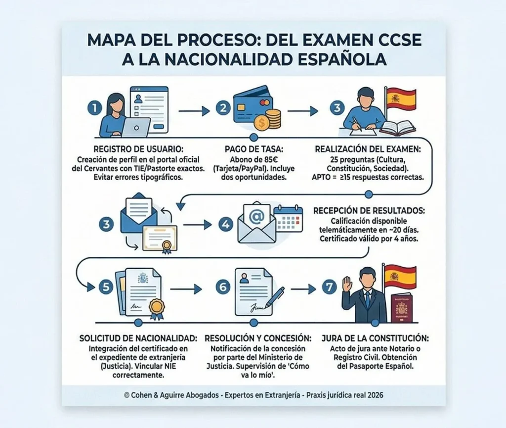 Infografía paso a paso del examen CCSE y el proceso de nacionalidad española 2026.