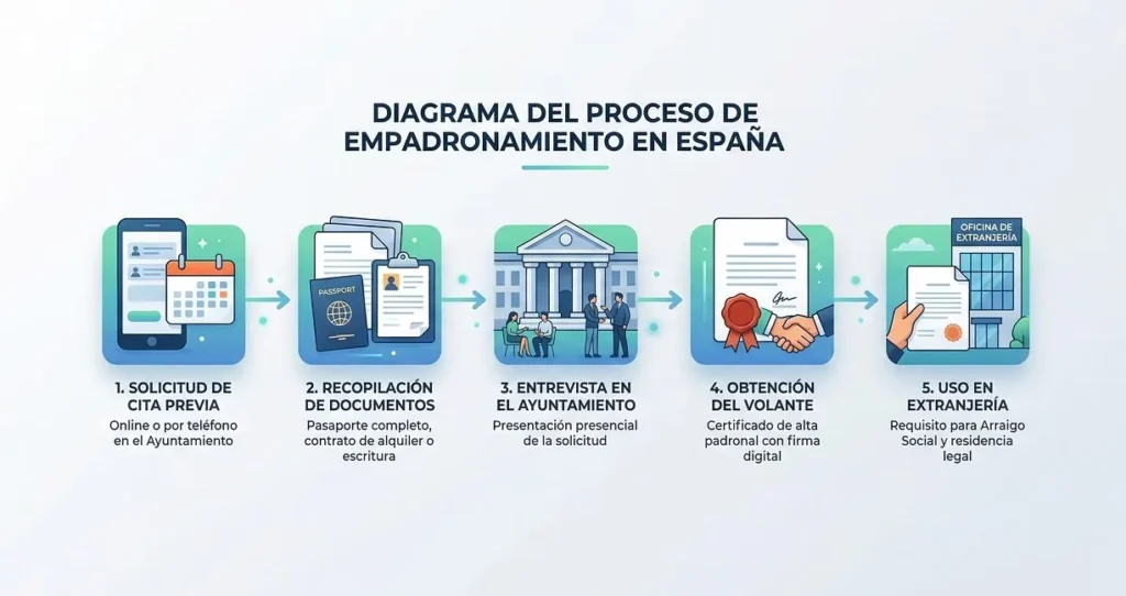 Diagrama del proceso legal para el empadronamiento en España, paso a paso.