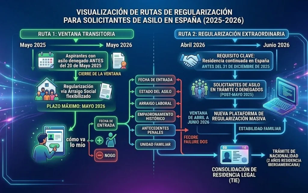 Infografía de plazos para la regularización de extranjeros en España 2025-2026.