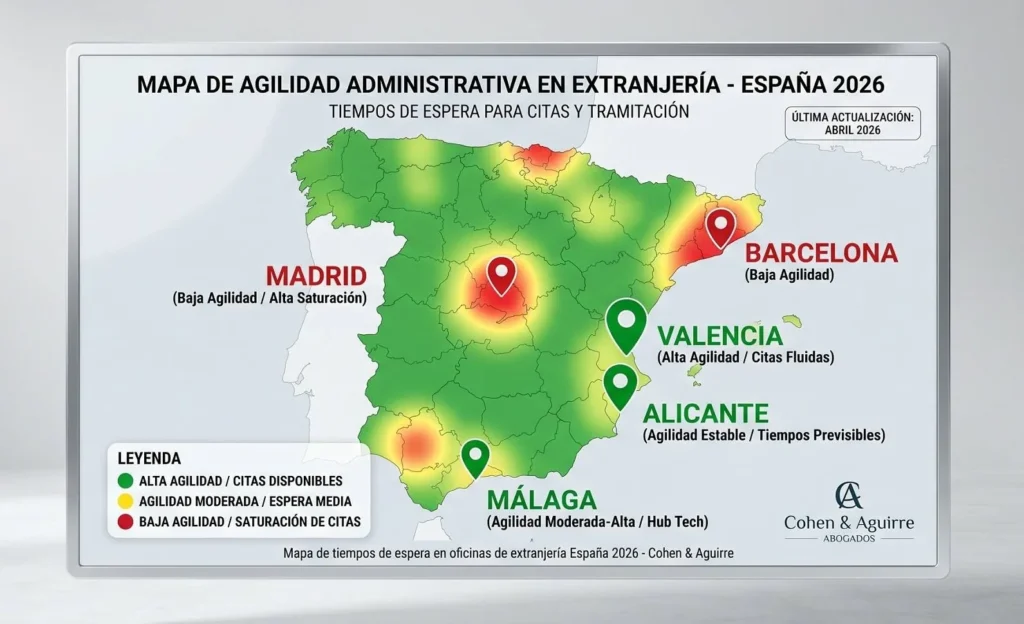 Mapa de tiempos de espera en oficinas de extranjería España 2026 - Cohen & Aguirre.