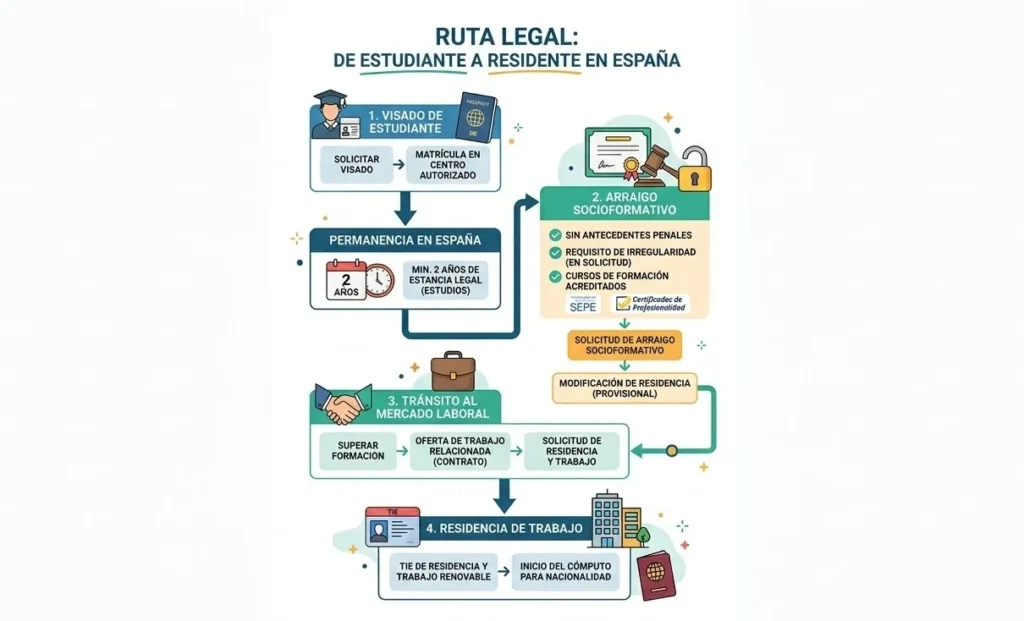 Diagrama de los pasos legales para estudiantes extranjeros en España, desde el visado hasta el arraigo socioformativo.