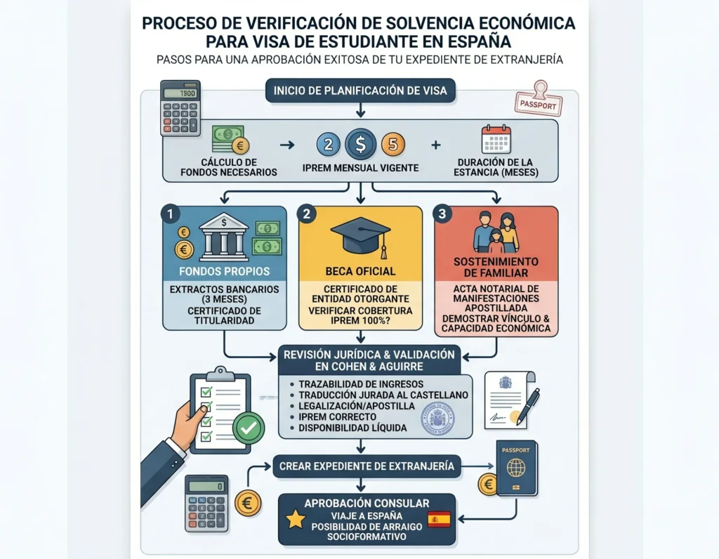 Diagrama del proceso de verificación de solvencia económica para visa de estudiante en España, desde la obtención de extractos hasta la validación consular.