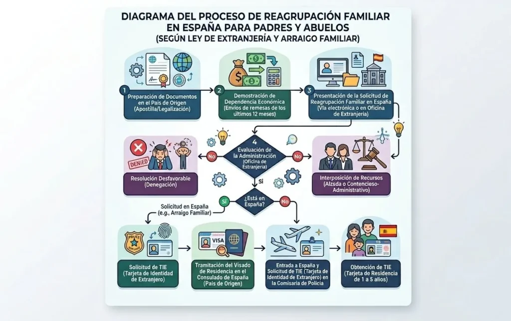 Diagrama del proceso paso a paso para la reagrupación de padres y abuelos en España.