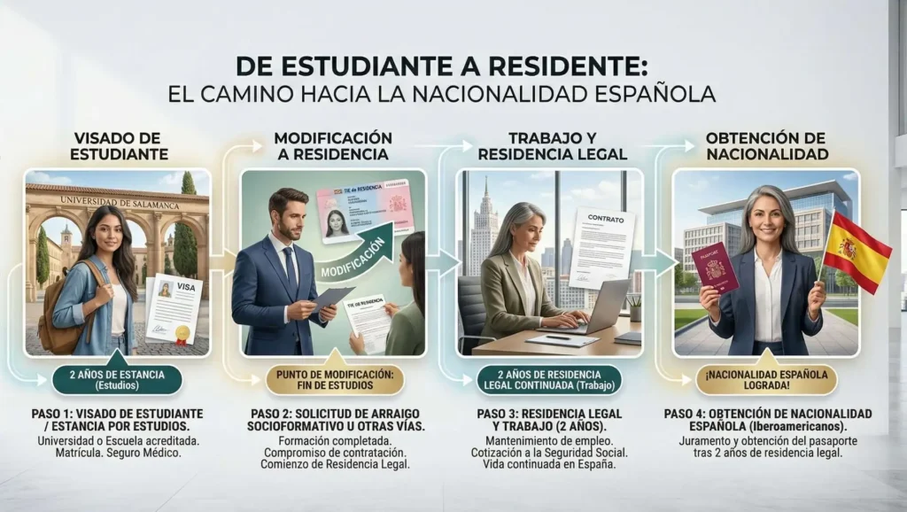 Infografía de flujo: Desde la elección de la universidad hasta la solicitud de nacionalidad.