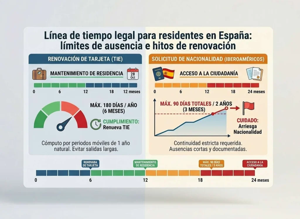 Línea de tiempo legal para residentes en España: límites de ausencia e hitos de renovación.
