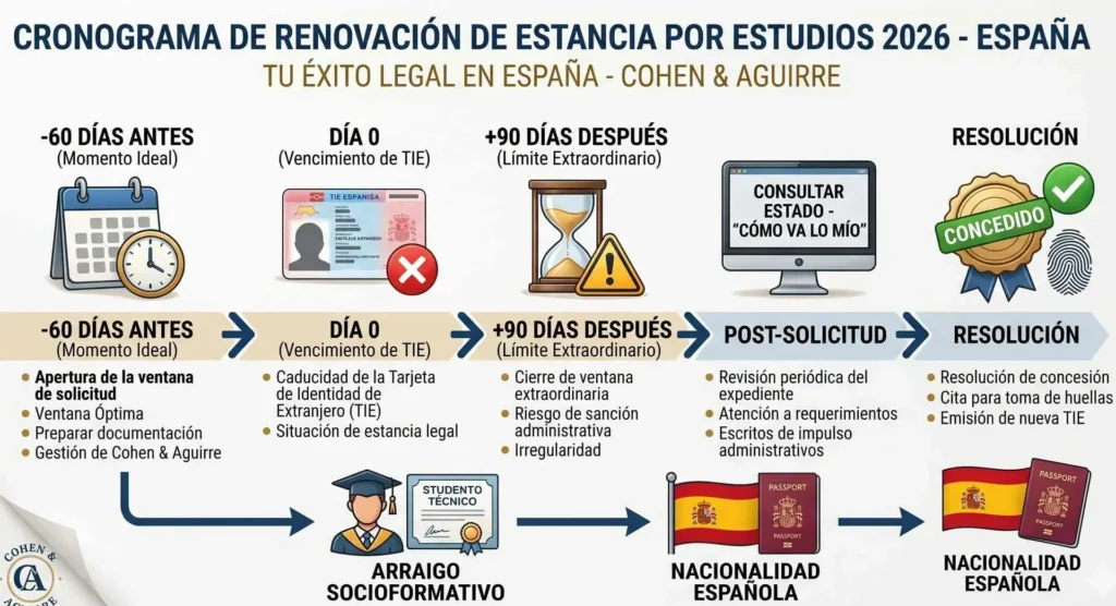 Cronograma legal para renovar la estancia por estudios en España 2026 - Cohen & Aguirre.
