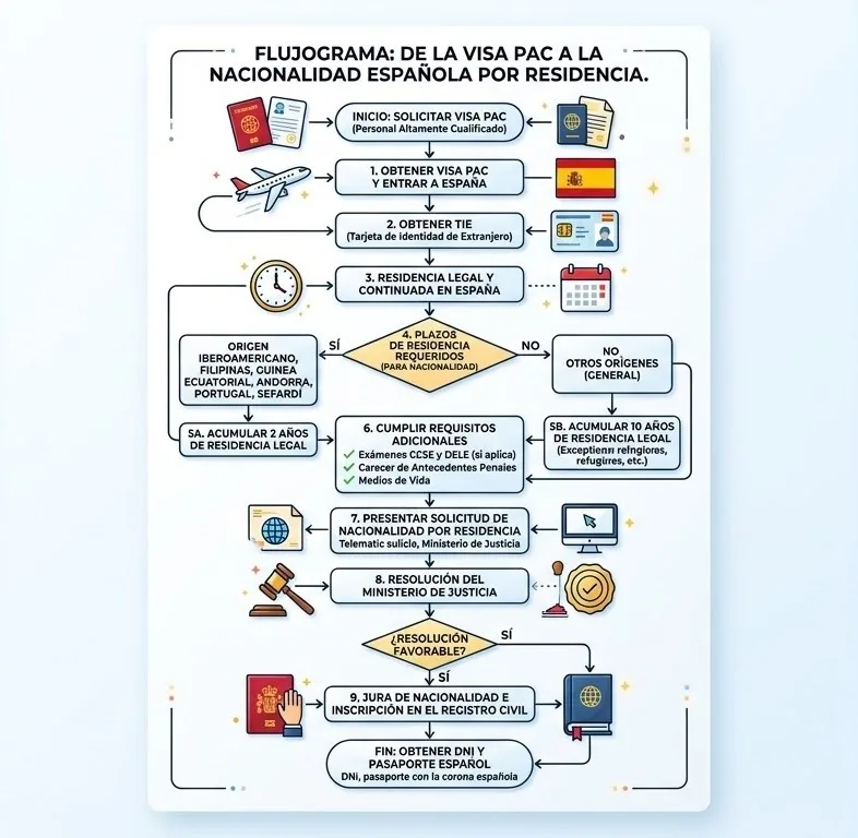 solicitar visa pac, Flujograma desde solicitar la visa PAC hasta obtener la nacionalidad española por residencia.