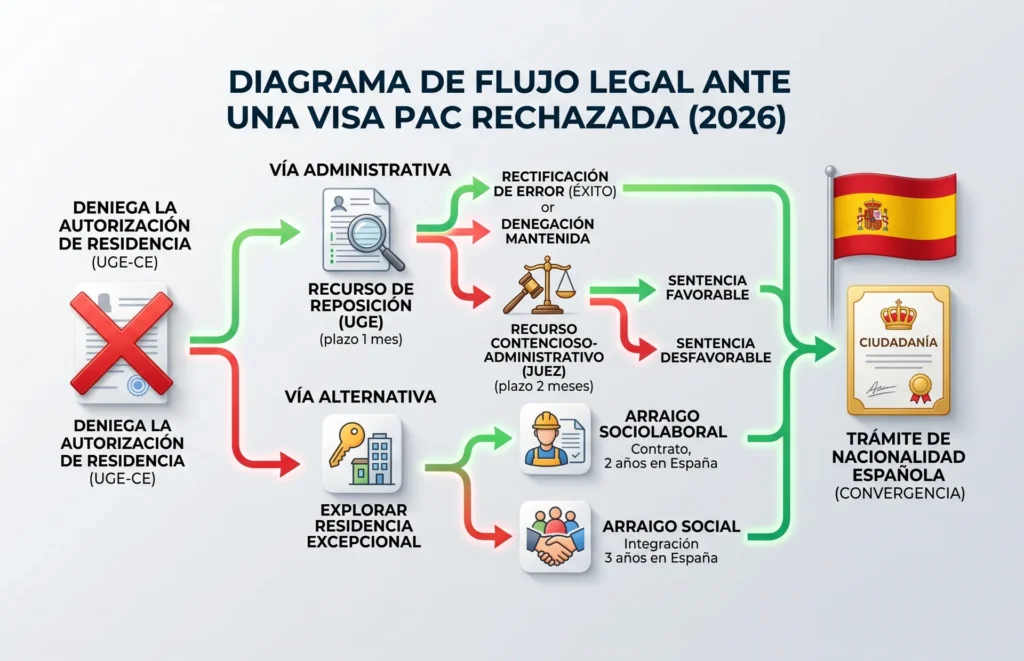 Diagrama de flujo legal ante una visa PAC rechazada en 2026 mostrando las opciones de recurso, arraigo social y arraigo sociolaboral.