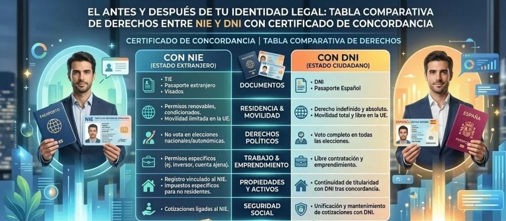 Tabla comparativa de derechos entre NIE y DNI con certificado de concordancia