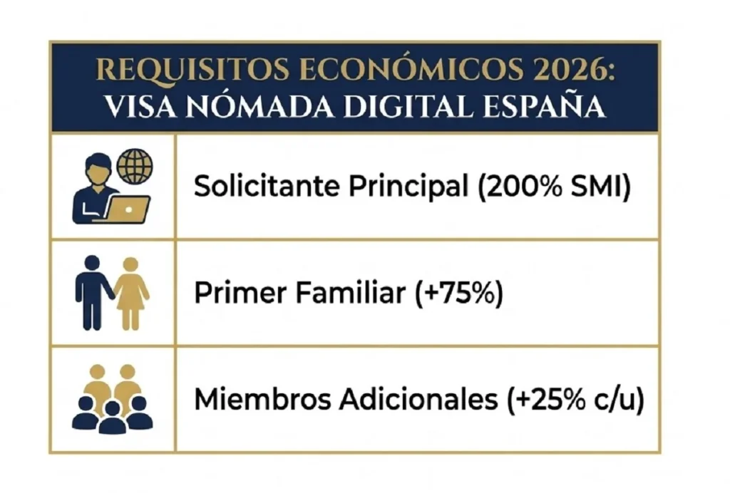 Tabla de requisitos económicos para la visa de nómada digital en España según el número de familiares.
